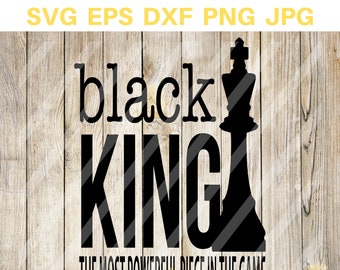 May include: Black and white graphic design of a chess king with the text "black king" and "the most powerful piece in the game".