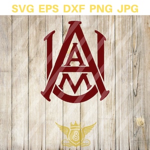 May include: A maroon and white monogram with the letters "A&M" inside a circle. The letters are stylized with a striped pattern.