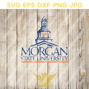 May include: A blue and white logo for Morgan State University. The logo features a building with a clock tower and the words "Morgan State University".