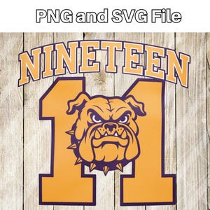 May include: A digital design featuring a bulldog's head with a purple outline and a number "1" with a purple outline. The number is surrounded by a purple banner with the word "NINETEEN" in yellow letters.