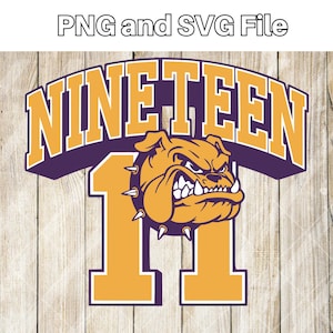 May include: Purple and gold graphic with the word "NINETEEN" in a large, bold font. The graphic also features a number "11" with a cartoon bulldog head in the centre. The bulldog has a purple collar with spikes.