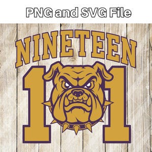 May include: A graphic design featuring a bulldog mascot with the text "NINETEEN 101" in gold and purple. The bulldog has an angry expression and a spiked collar. The background is a wooden plank texture.