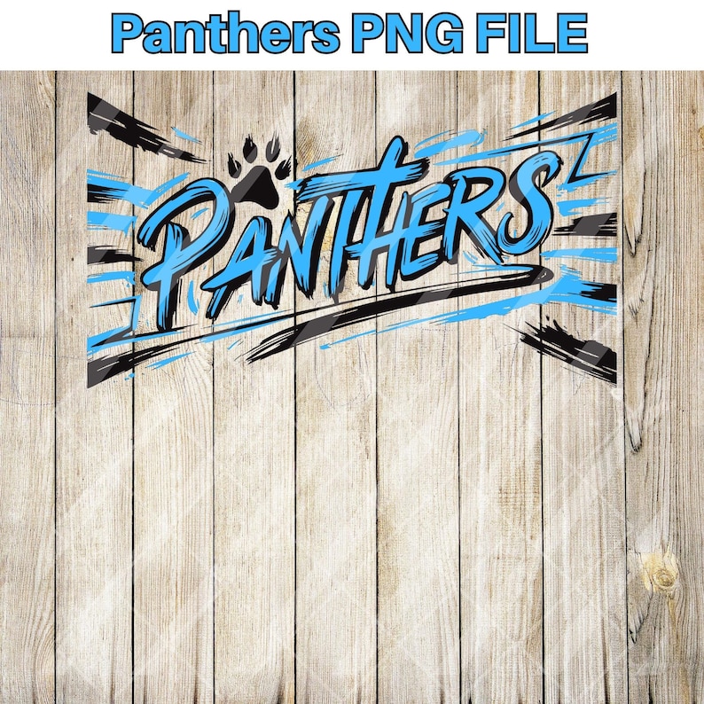Puede incluir: Un dise&ntilde;o gr&aacute;fico azul y negro con la palabra "Panthers" en una fuente estilizada. Una huella de pata est&aacute; por encima de la palabra. El dise&ntilde;o est&aacute; sobre un fondo de madera.