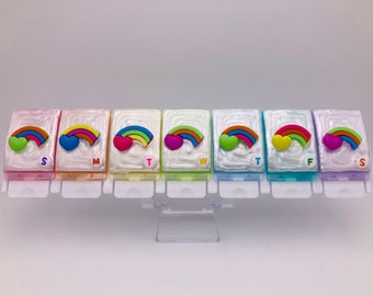 Rainbow Heart Weekly 7 Day Pill Medicine Organizer Box Dispenser Case Craft Art Supply Kids Cute Fun Silly Neon Pastel Iridescent