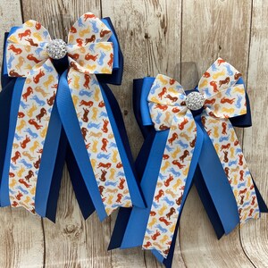 Equestrian Horse Show Hair Bows - Blue and Navy with Jumping horses design