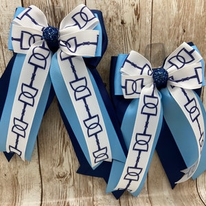 Equestrian Horse Show Hair Bows - Blue and White Bits