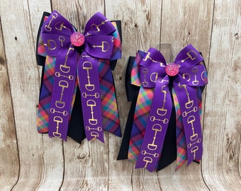 Equestrian Horse Show Hair Bows - Purple Bits with Purple and Pink Plaid on Black