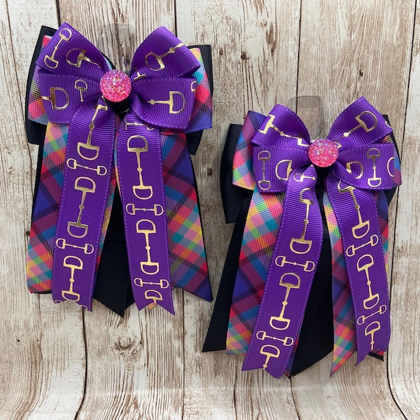 Equestrian Horse Show Hair Bows - Purple Bits with Purple and Pink Plaid on Black