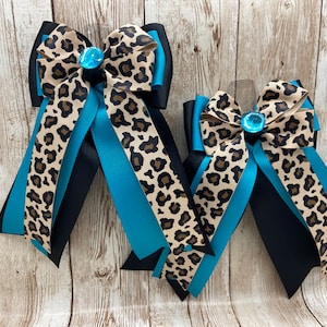 Equestrian Horse Show Hair Bows - Blue Cheetah Leopard Print