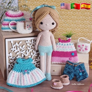 Muñeca Nina, muñeca amigurumi a crochet, muñeca a crochet con ropita de quita y pon, muñeca con outfits, SOLO PATRÓN