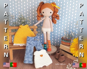 May include: Crochet doll pattern with a red and brown haired doll wearing a white dress and socks. The doll is sitting on a wooden bench with a yellow dress, blue jeans, and a white dress with a heart on it. The doll is holding a small brown purse.