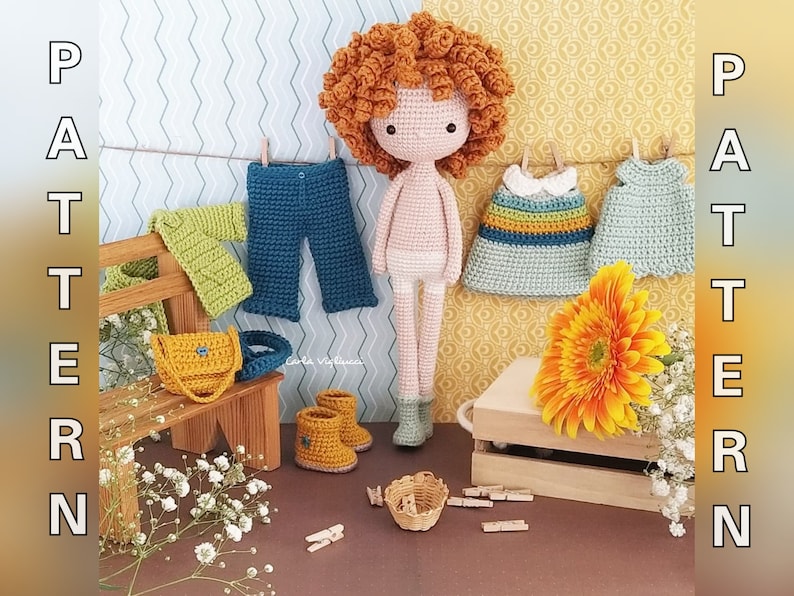 May include: A crocheted doll with curly orange hair wearing a white crocheted dress and white underwear. The doll is standing on a wooden surface with a small wooden bench, a crocheted bag, and a pair of yellow crocheted boots. There are also several crocheted clothes hanging on a clothesline.