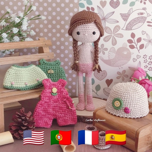 Doll Hana, crochet amigurumi doll, crochet doll with removable clothes, doll with outfits, PATTERN ONLY