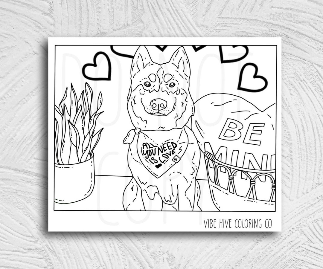 Valentines Day Husky Coloring Page - Etsy