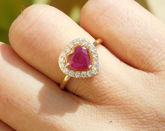 14k Gold Heart Ruby Ring – Real Diamond Halo, July Birthstone