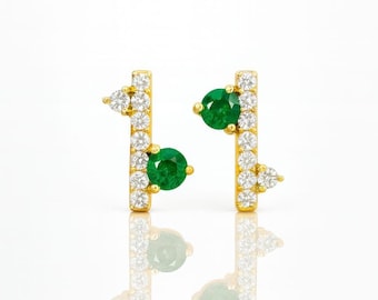 Round cut Natural Emerald & Diamond Bar Studs Earring Emerald 14k White Gold Earrings