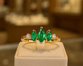 14K Gold Natural Emerald and Diamond Ring, Vintage Five Stone Design