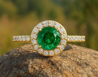 Real Emerald Halo Engagement Ring, Diamond Accents, 14k Gold