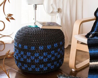 Knitted pouf. Crochet pouf. Puff of T-shirt yarn. Poof.  Knitted ottoman. Crochet ottoman. Crocheted floor pouffe