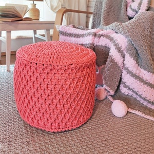 Knitted pouf. Crochet pouf. Puff of T-shirt yarn. Poof.  Knitted ottoman. Crochet ottoman.