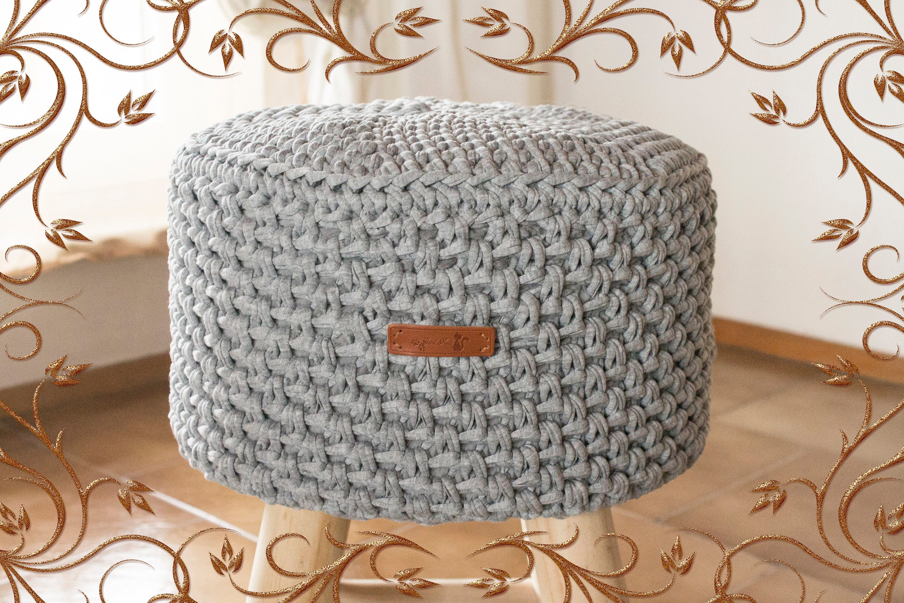 Crochet Pouf With Legs. Knitted Pouf on Wooden Legs. Crochet Etsy