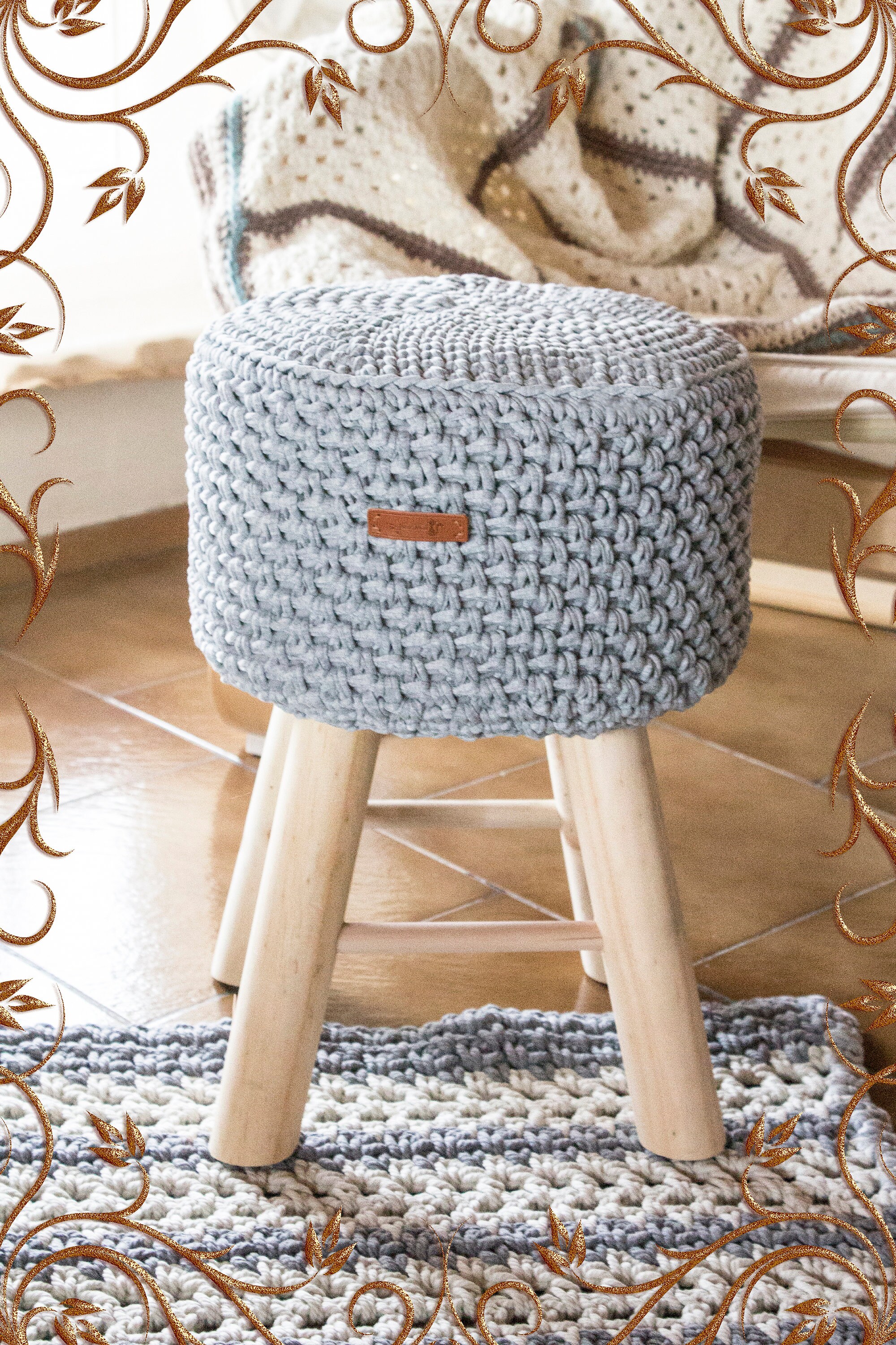 Crochet Pouf With Legs. Knitted Pouf on Wooden Legs. Crochet Etsy