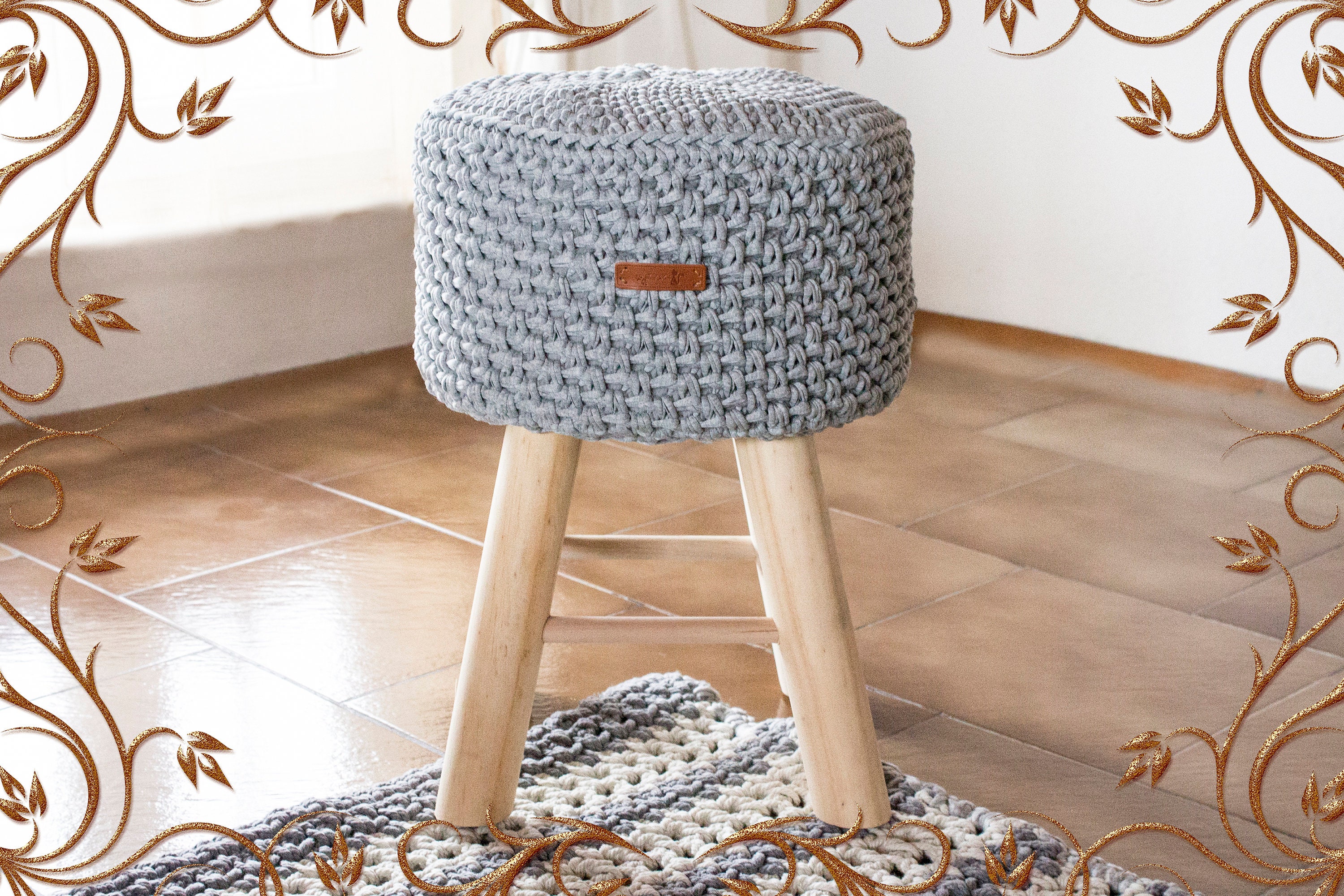 Crochet Pouf With Legs. Knitted Pouf on Wooden Legs. Crochet Etsy