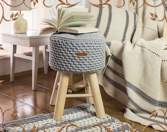 Crochet pouf with legs. Knitted pouf on wooden legs. Crochet chair pouf on wooden legs. Knitted ottoman. Crochet ottoman.