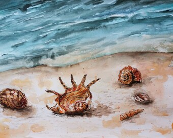 Original Watercolor painting Landscape Strand Meer beach Muschel Sommer Sea Seashell Summer Wall decor 30x40cm/ 11.8x15.7 inch