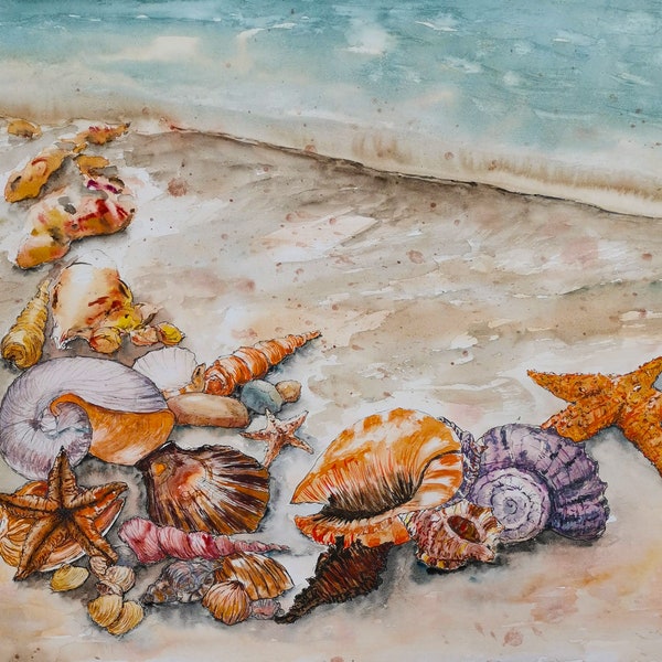 Original Watercolor painting Landscape Strand Meer beach Muschel Sommer Sea Seashell Summer Wall decor 36x48cm/ 14x18.9 inch
