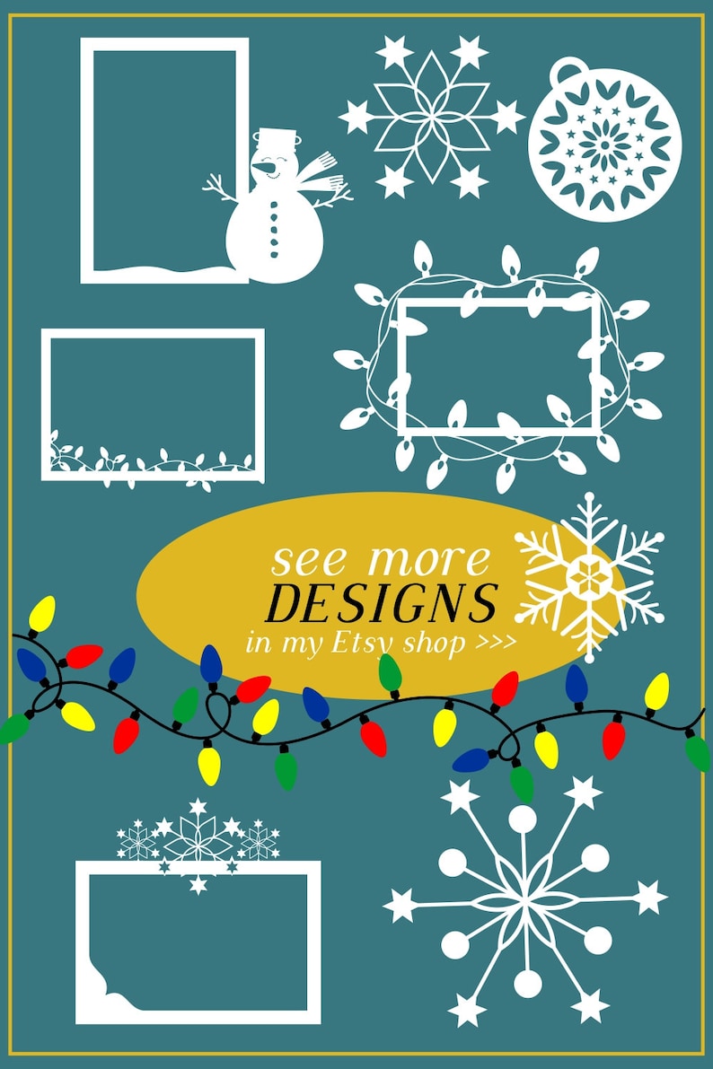 May include: A digital download of Christmas-themed SVG cut files. The design includes a snowman, snowflakes, a Christmas ornament, a wreath, and a string of lights. The text "see more DESIGNS in my Etsy shop >>>" is also included.