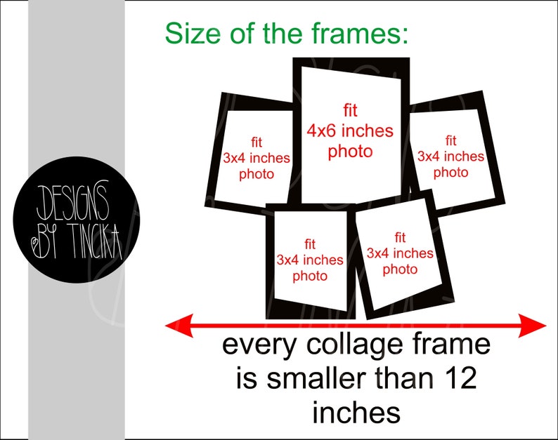 May include: A collage frame design showing the size of the frames. The largest frame is 4x6 inches and the smaller frames are 3x4 inches. The text says "every collage frame is smaller than 12 inches".