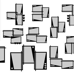 3 modelli di cornici/layout per collage di foto decorati con cuori. Pacchetto di 10 design nei formati SVG, DXF, PNG, EPS e PSD a strati.