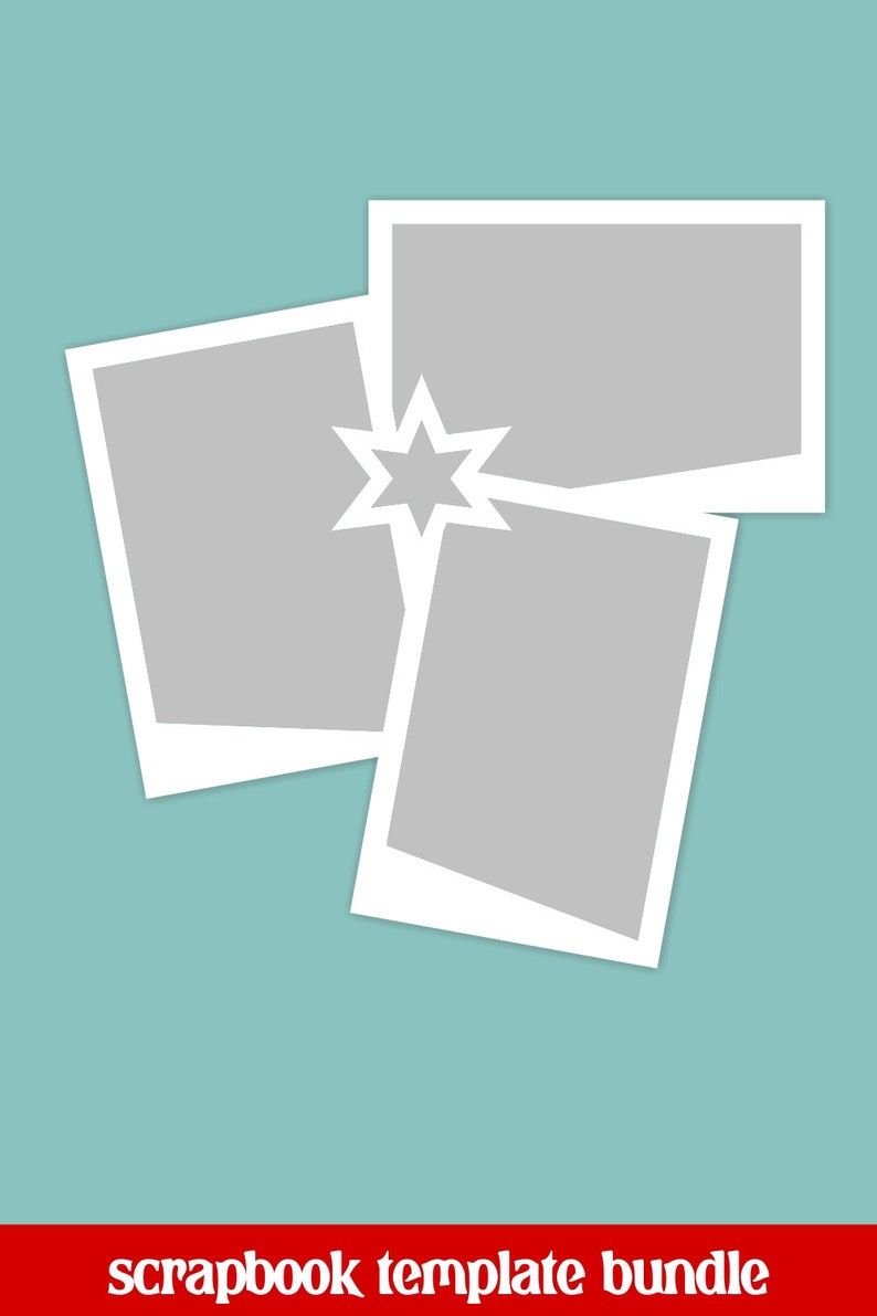 May include: A scrapbook template bundle with three white photo frames arranged in a starburst pattern on a light blue background. The frames are empty and ready for photos.