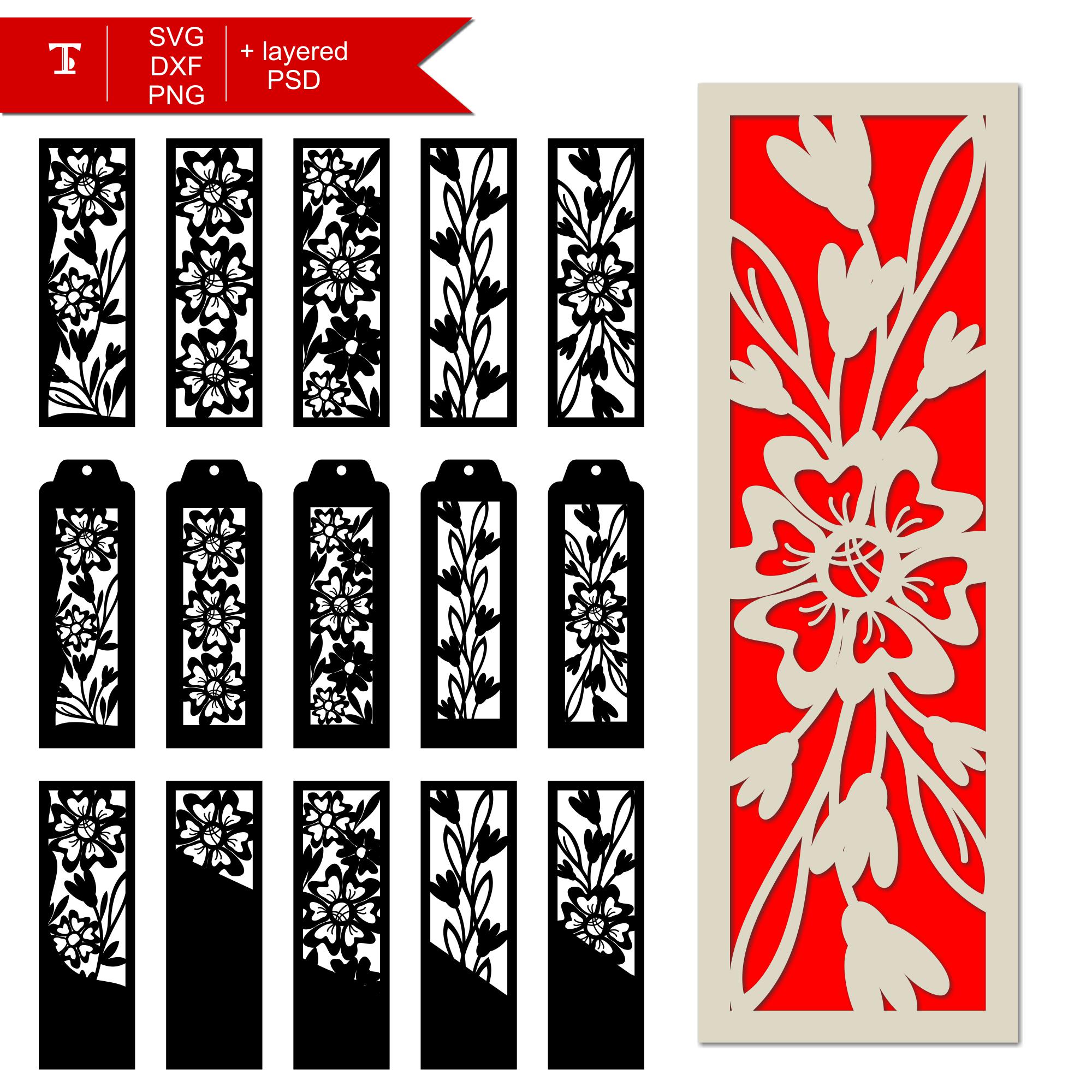 15 floral bookmark templates SVG bundle + dxf, eps, png / customizable papercut templates/cut files, easy DIY book lover/teachers gifts