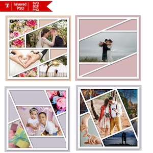 Może przedstawiać: Cztery kwadratowe szablony kolaży zdjęć z białymi geometrycznymi obramowaniami. Każdy kolaż zawiera wiele zdjęć, w tym portrety ślubne i rodzinne. Szablony są w odcieniach różu, beżu i szarości, ze słowem "layered" widocznym w lewym górnym rogu.