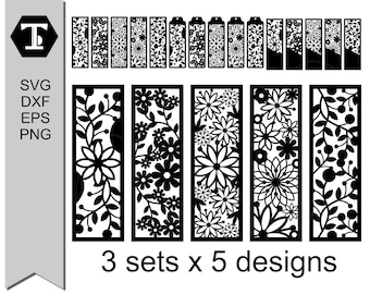 15 designs floral bookmark SVG bundle + dxf, eps, png files, customizable papercut templates/cut files, easy DIY book lover / teachers gifts