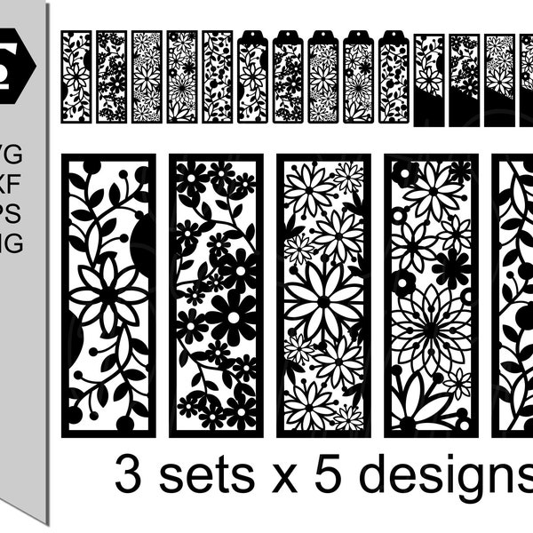 15 designs floral bookmark SVG bundle + dxf, eps, png files, customizable papercut templates/cut files, easy DIY book lover / teachers gifts
