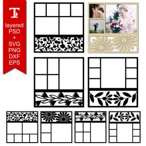 May include: Black and white digital scrapbook template with floral accents. The template features a large photo area with smaller photo areas surrounding it. The template is designed for use with digital scrapbooking software.