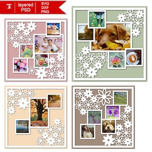 May include: Four square photo frames with white floral cutouts. Each frame contains multiple smaller photos. The frames are in shades of pink, green, tan, and brown. The top left frame has photos of a party and gifts.