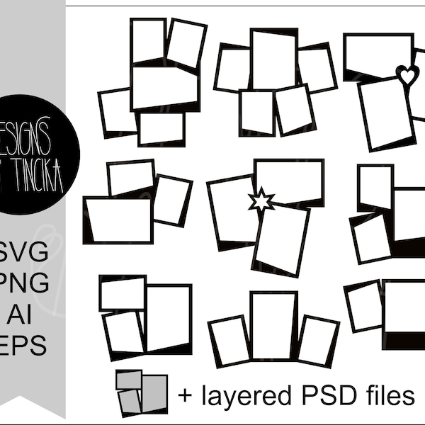 3 and 5 picture collage frames bundle, SVG files for Cricut, layered PSD files (photoshop), black templates for DIY clipart and scrapbooking