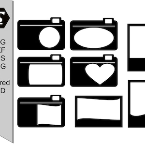 May include: Set of six black and white photo frame templates with different shapes, including a circle, oval, heart, and rectangle.