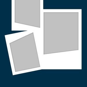 May include: A scrapbook template bundle with three white photo frames on a dark blue background. The frames are arranged in a staggered pattern, with the top frame partially overlapping the middle frame. The bottom frame is positioned at an angle, with its bottom edge extending beyond the other frames. The text "scrapbook template bundle" is displayed in white letters on a yellow background at the bottom of the image.