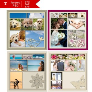 May include: A collage of four photo frames with different designs. Each frame has a grid of nine smaller squares, with each square containing a different image. The images include a family with a dog, a wedding couple, a beach scene, and a floral arrangement.