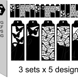 15 wzorów motyli zakładka SVG pakiet + pliki dxf, eps, png, konfigurowalne szablony wycinanek/pliki wycinanek, prezenty dla miłośników książek/nauczycieli DIY