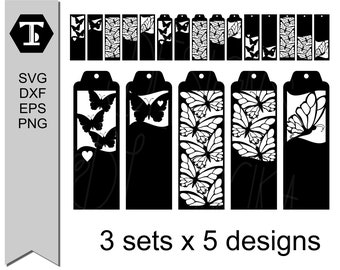 15 designs butterflies bookmark SVG bundle + dxf, eps, png files, customizable papercut templates/cut files, DIY book lover / teachers gifts