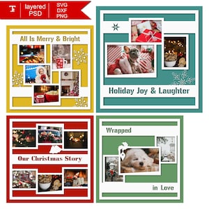 Puede incluir: Un collage de cuatro diseños con temática navideña. Cada diseño presenta un marco blanco con un fondo de color diferente: amarillo, verde azulado, rojo y verde. Cada marco contiene varias fotos y texto, incluyendo "All Is Merry & Bright" y "Holiday Joy & Laughter".