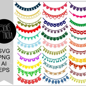 Bunting banner SVG PNG bundle. Bannières de fête d'anniversaire uniques. Clipart vectoriels et fichiers de découpe pour Cricut ou Silhouette. Ensemble de 36 modèles.