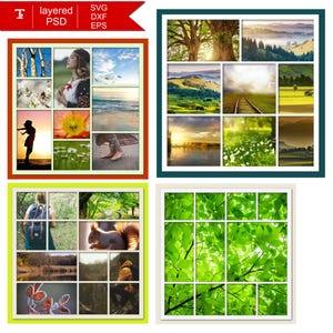 May include: A collage of nine images featuring nature scenes, including a forest, a lake, a field of flowers, and a sunset. The images are arranged in a grid pattern and are framed in a white border.
