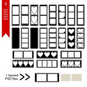 May include: A set of black and white film strip frames with heart accents. The frames are arranged in various configurations, including single, double, and triple frames. The frames are perfect for adding a vintage touch to your photos or crafts.